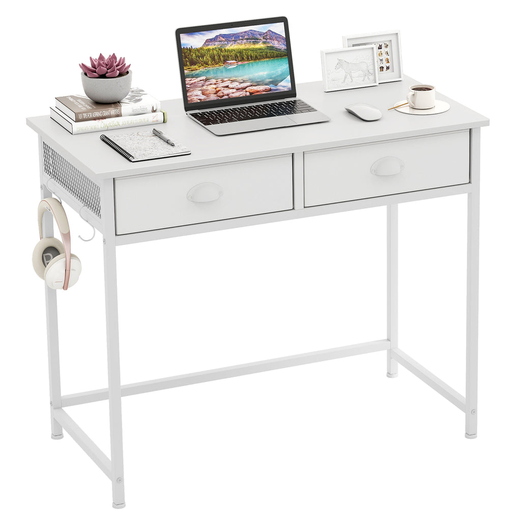 36" Computer Desk with Storage Drawers & Hooks - White