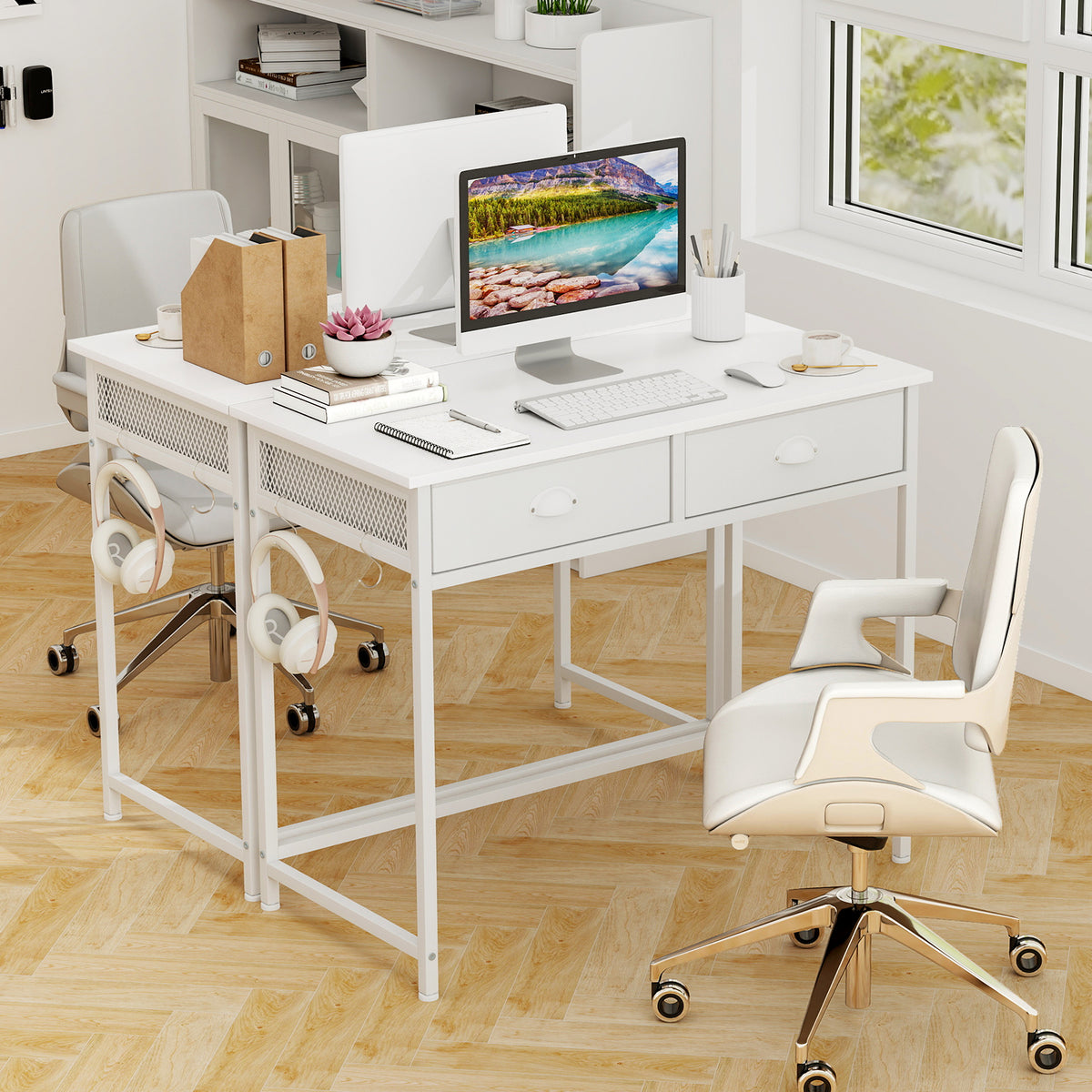 36" Computer Desk with Storage Drawers & Hooks - White