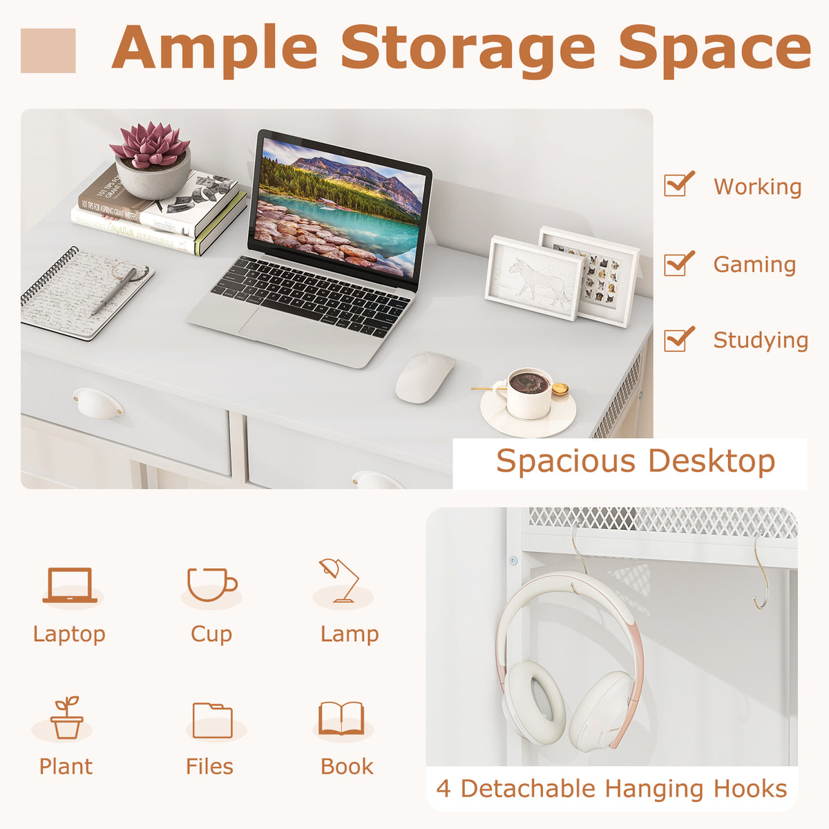 36" Computer Desk with Storage Drawers & Hooks - White