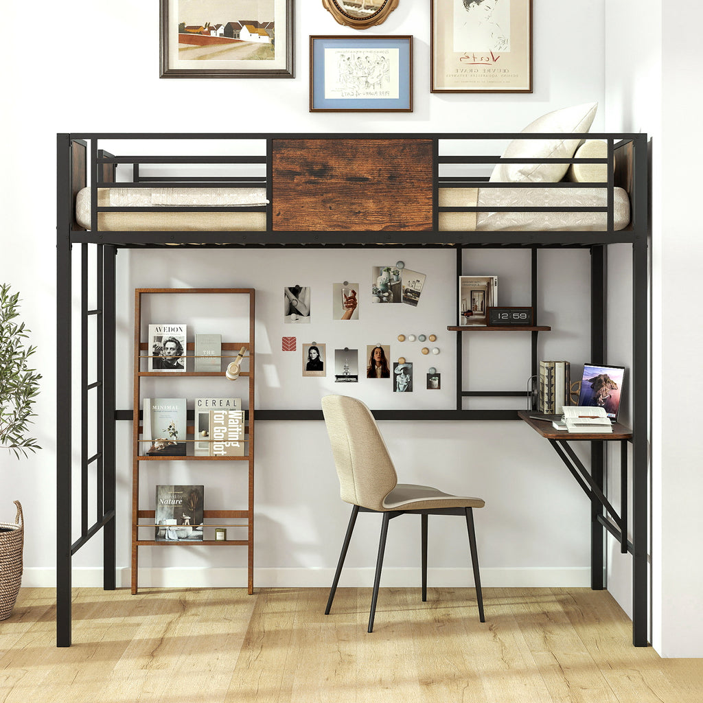 Twin Loft Bed with Desk and Guardrail - Coffee