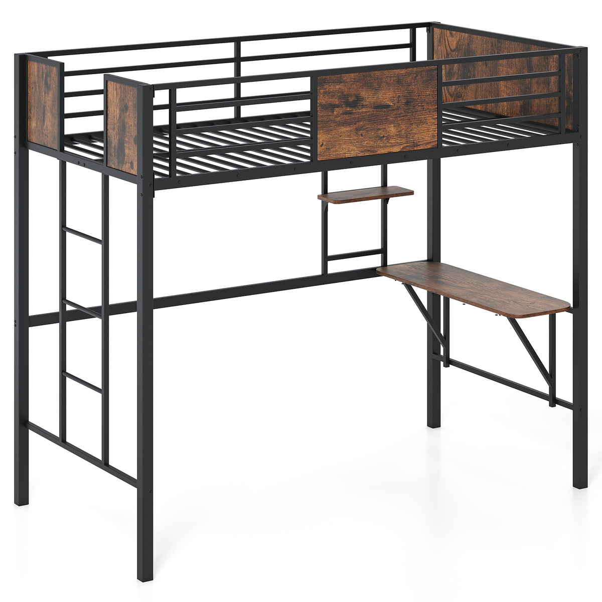 Twin Loft Bed with Desk and Guardrail - Coffee