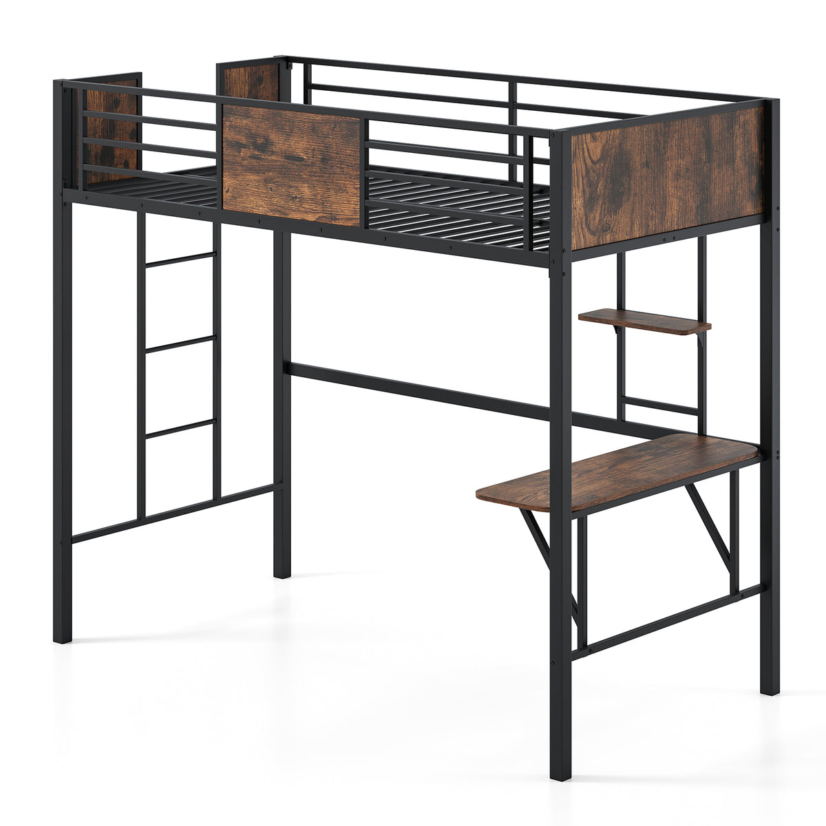 Twin Loft Bed with Desk and Guardrail - Coffee