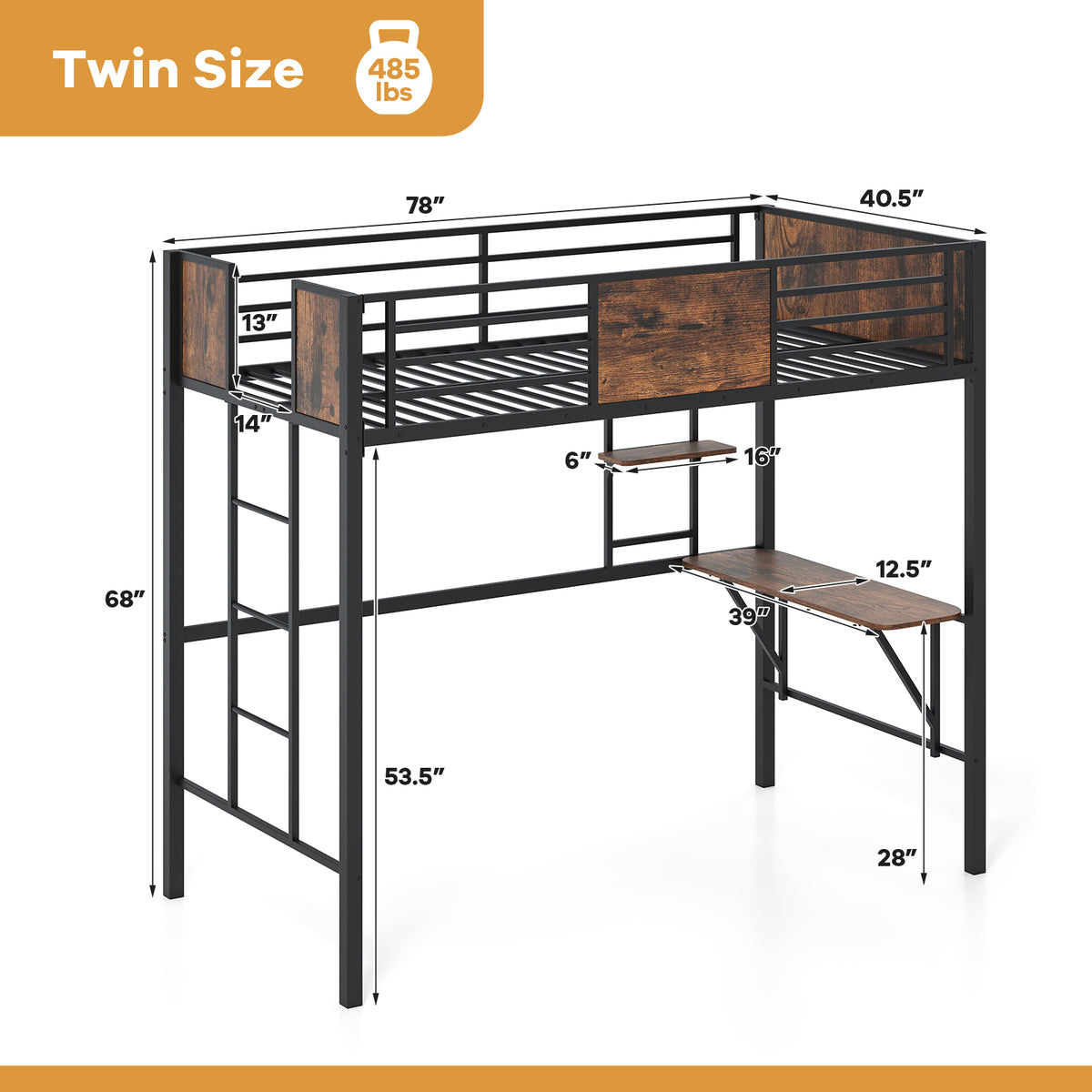 Twin Loft Bed with Desk and Guardrail - Coffee