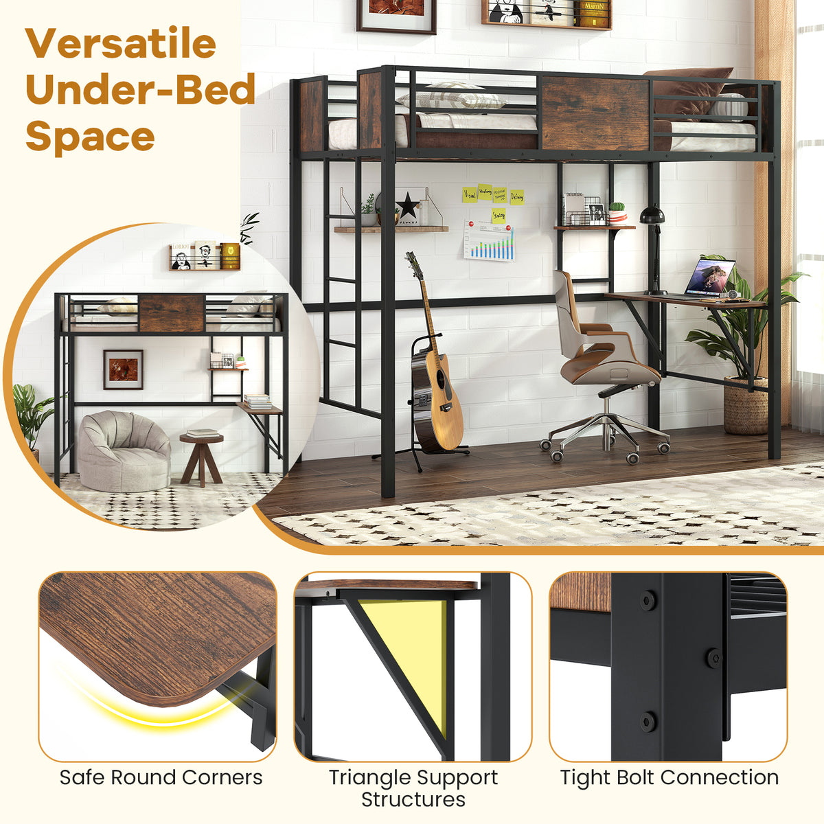 Twin Loft Bed with Desk and Guardrail - Coffee