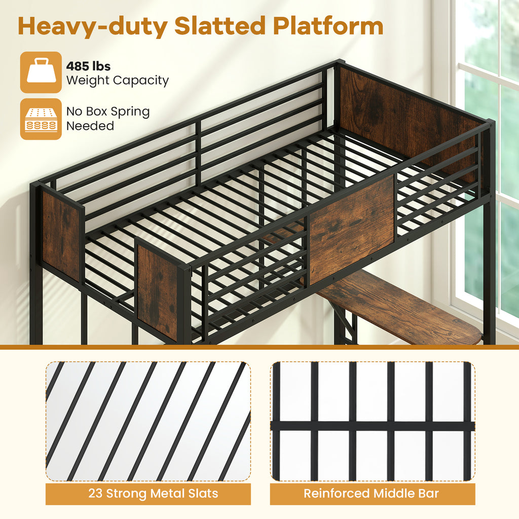 Twin Loft Bed with Desk and Guardrail - Coffee
