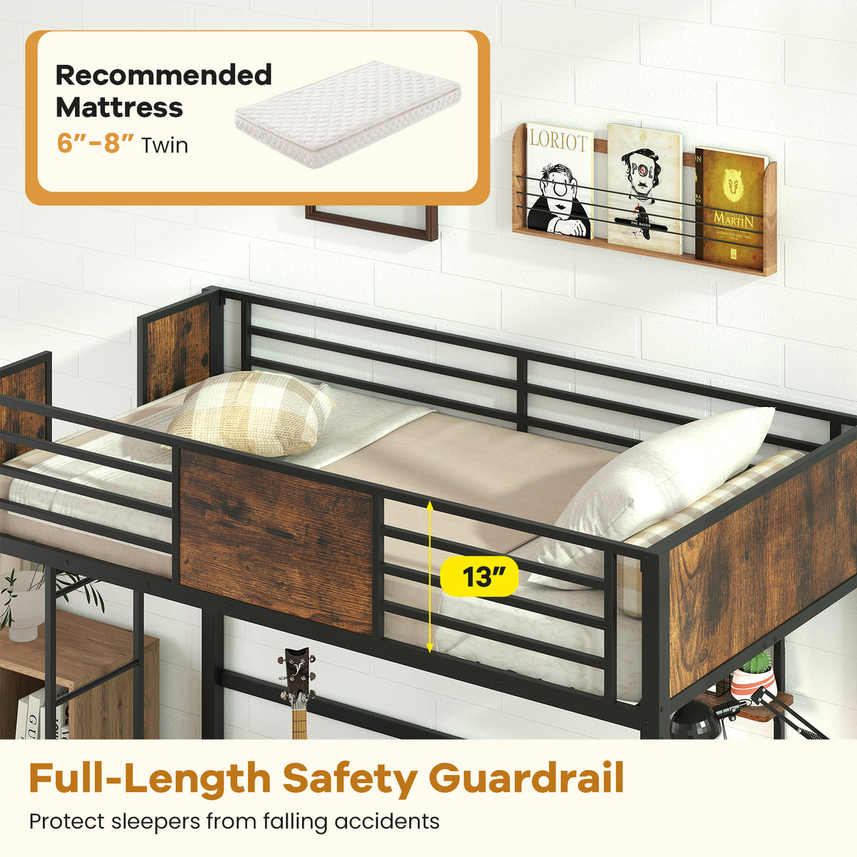 Twin Loft Bed with Desk and Guardrail - Coffee