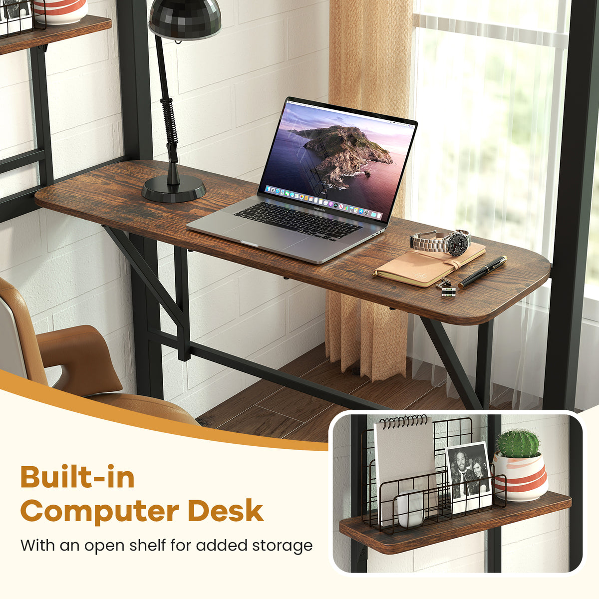 Twin Loft Bed with Desk and Guardrail - Coffee