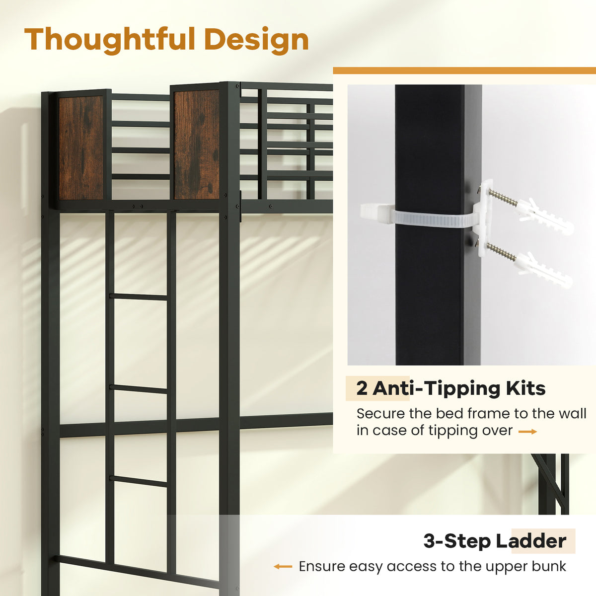 Twin Loft Bed with Desk and Guardrail - Coffee