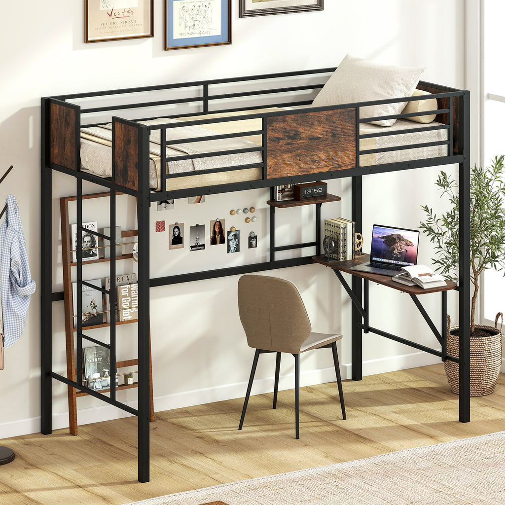 Twin Loft Bed with Desk and Guardrail - Coffee