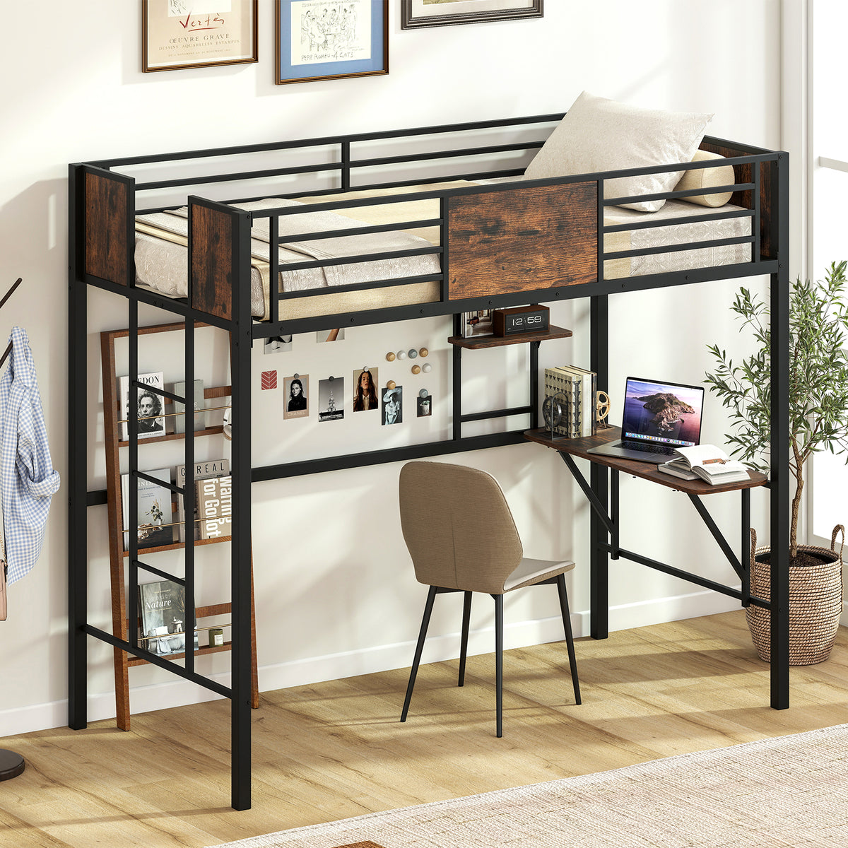 Twin Loft Bed with Desk and Guardrail - Coffee