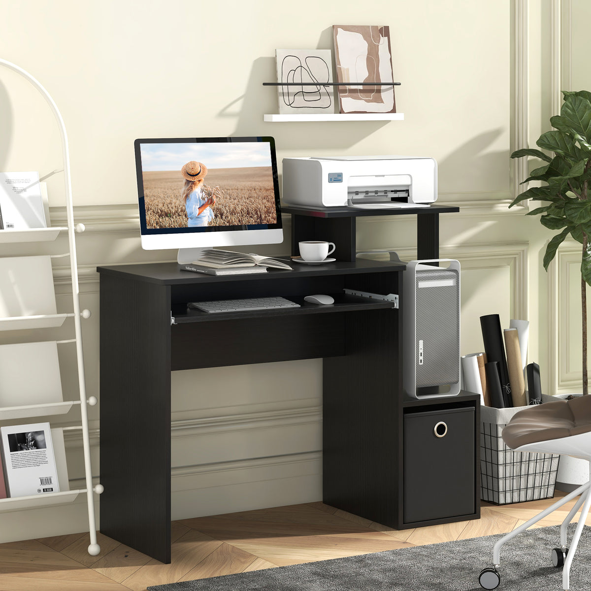 Space-Saving Computer Desk with Pull-Out Keyboard Tray - White