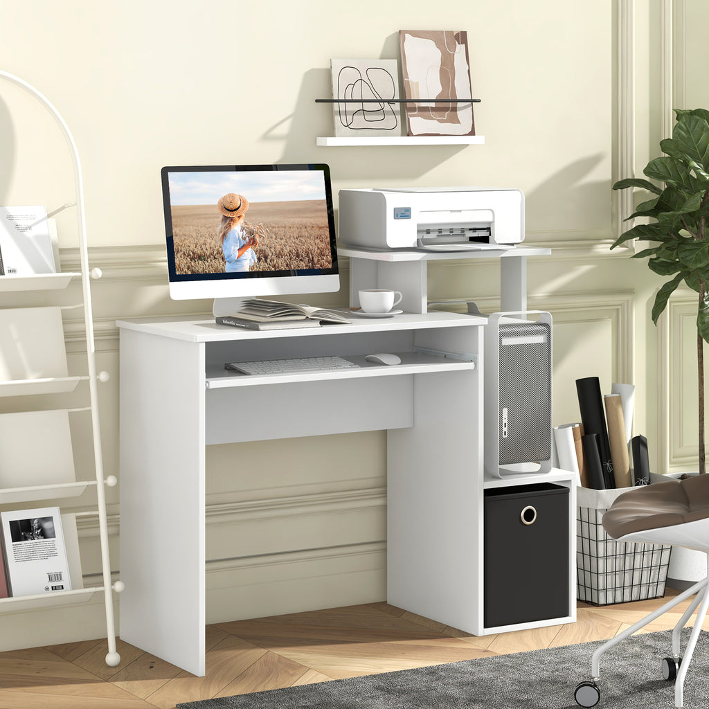 Space-Saving Computer Desk with Pull-Out Keyboard Tray - White