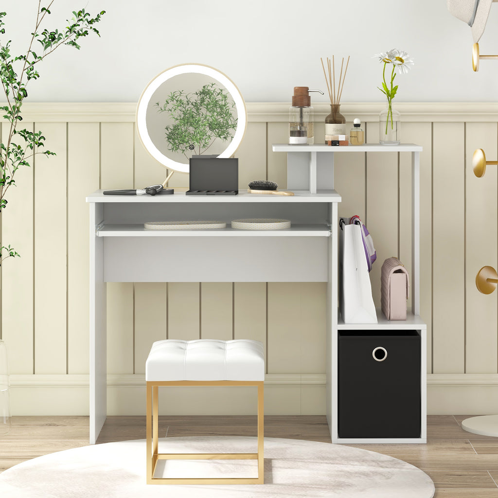 Space-Saving Computer Desk with Pull-Out Keyboard Tray - White