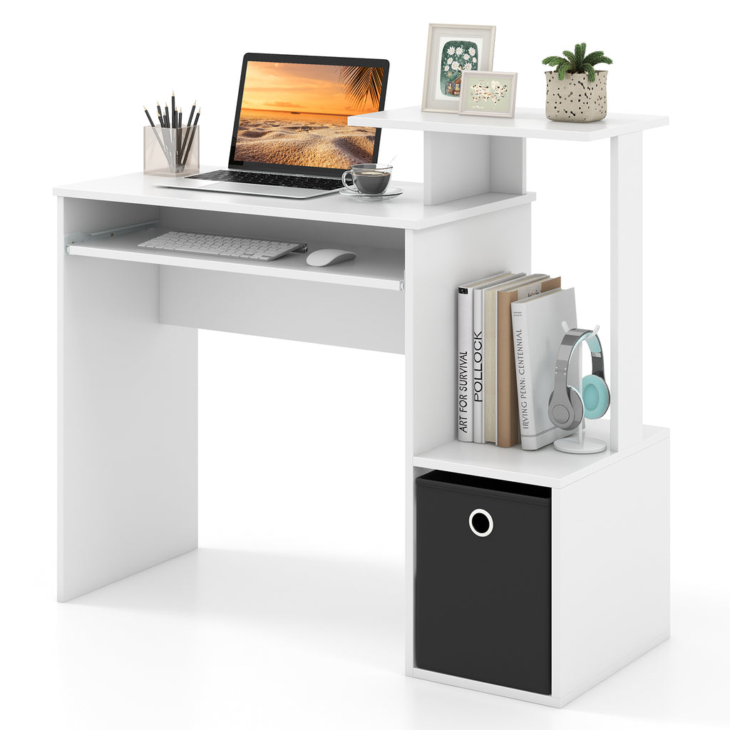 Space-Saving Computer Desk with Pull-Out Keyboard Tray - White