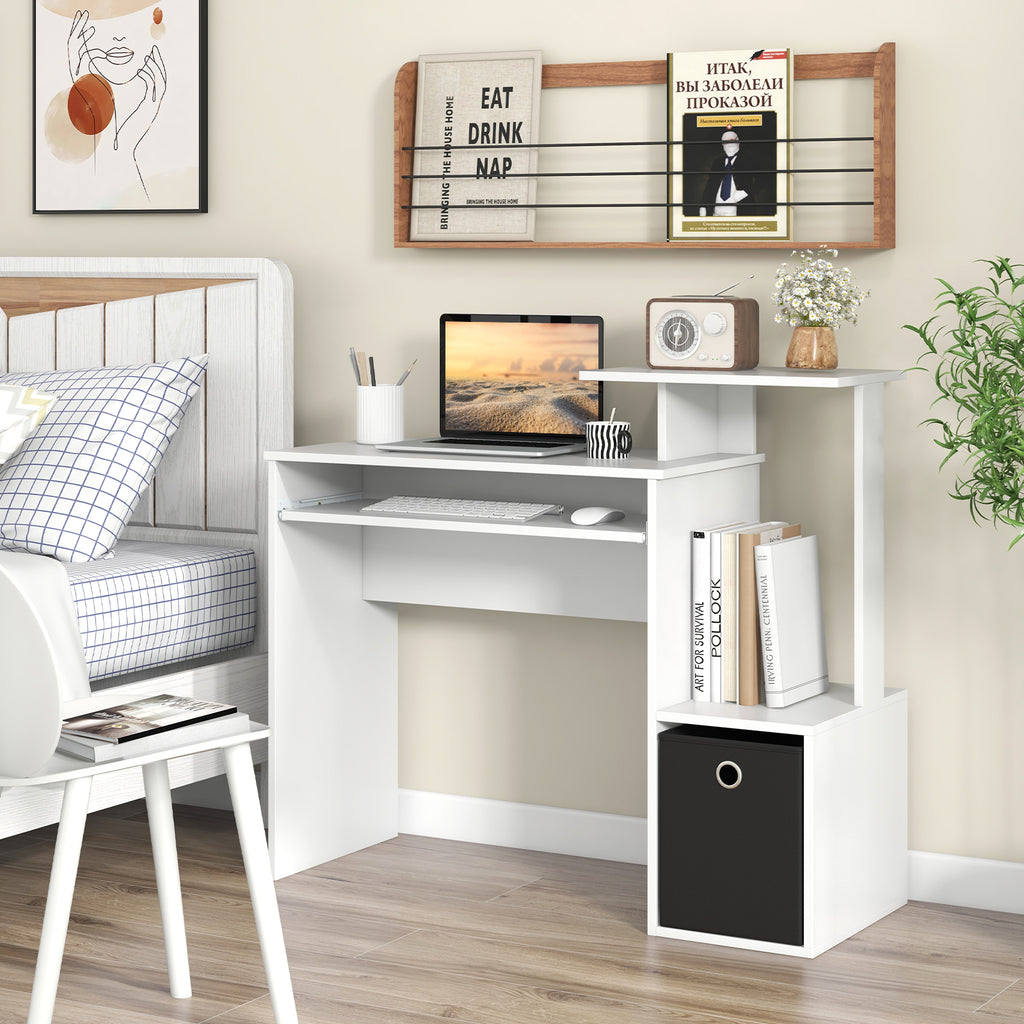 Space-Saving Computer Desk with Pull-Out Keyboard Tray - White
