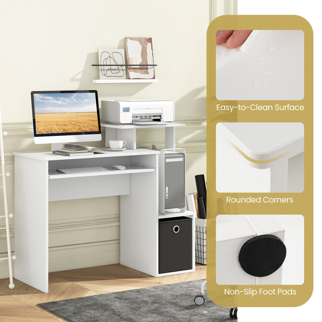 Space-Saving Computer Desk with Pull-Out Keyboard Tray - White