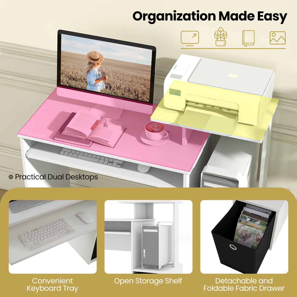 Space-Saving Computer Desk with Pull-Out Keyboard Tray - White