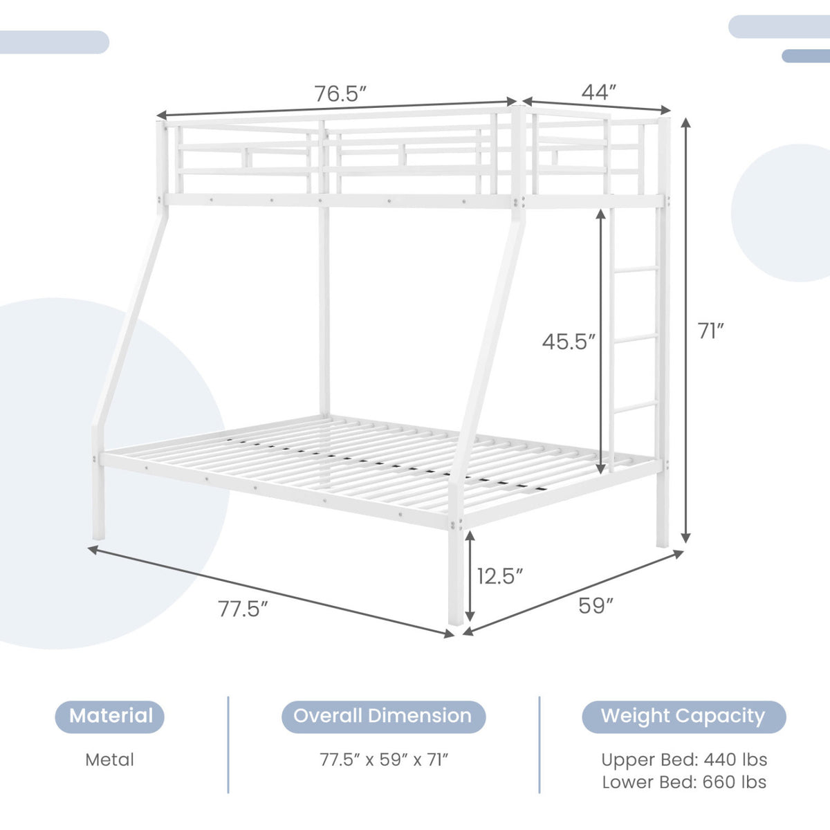 Twin over Full Metal Bunk Bed with Ladder, White