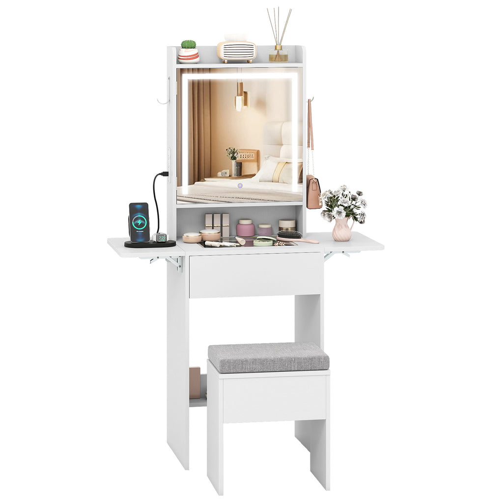 LED Vanity Desk with Mirror and Storage – White