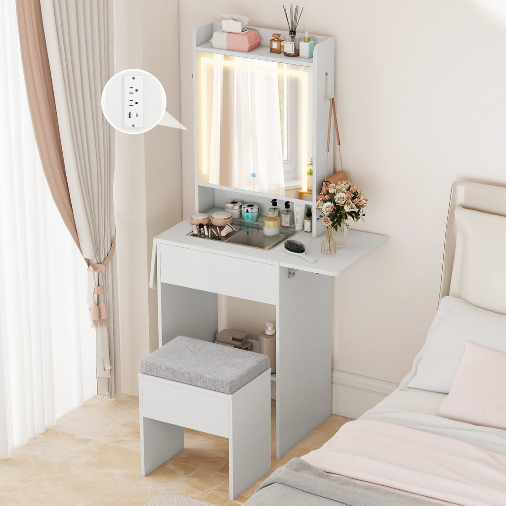 LED Vanity Desk with Mirror and Storage – White