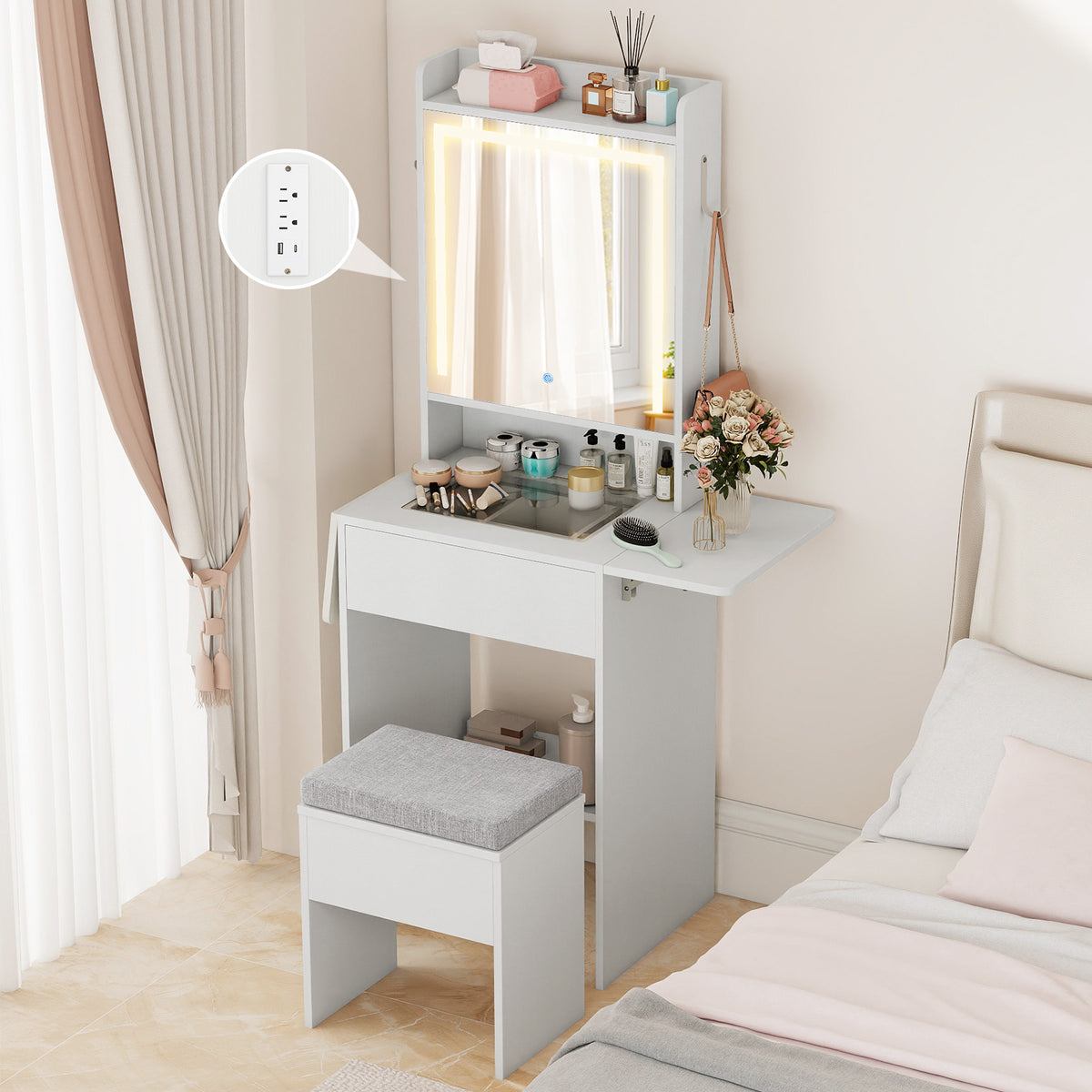 LED Vanity Desk with Mirror and Storage – White