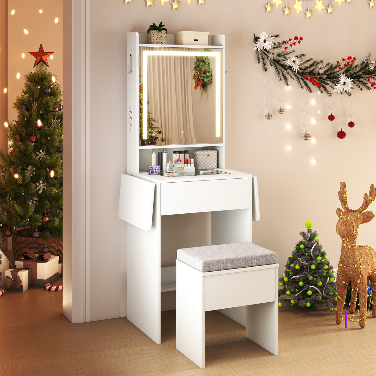 LED Vanity Desk with Mirror and Storage – White