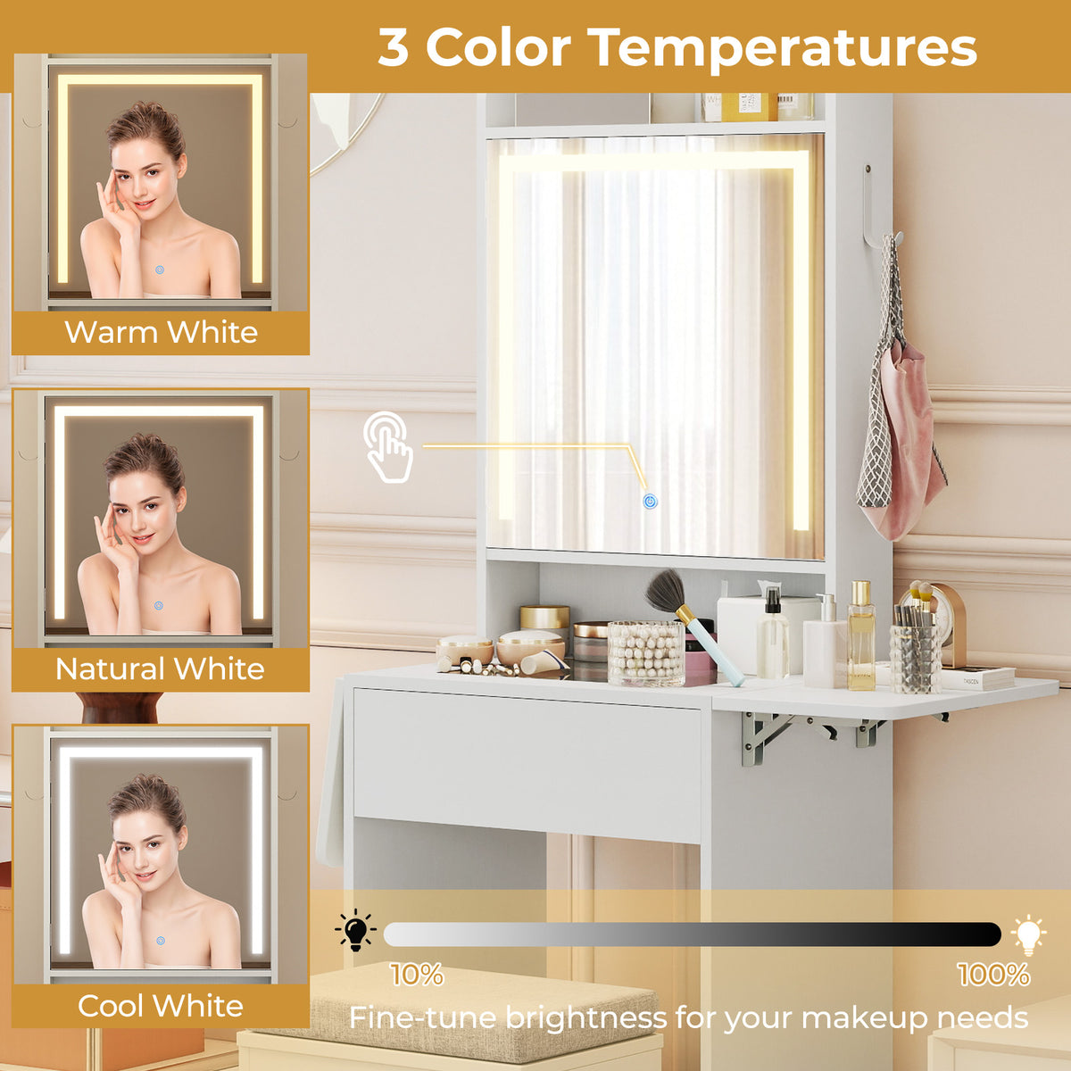 LED Vanity Desk with Mirror and Lights, White