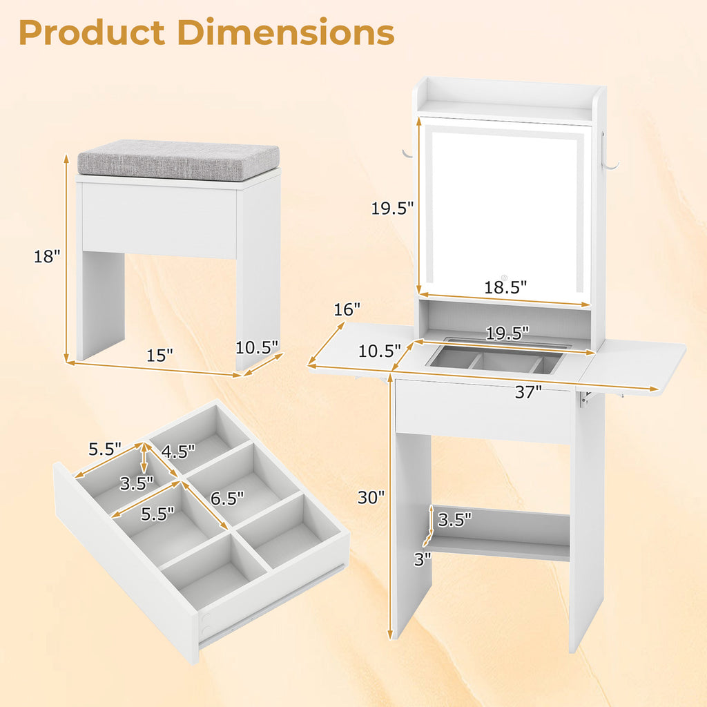 LED Vanity Desk with Mirror and Storage – White