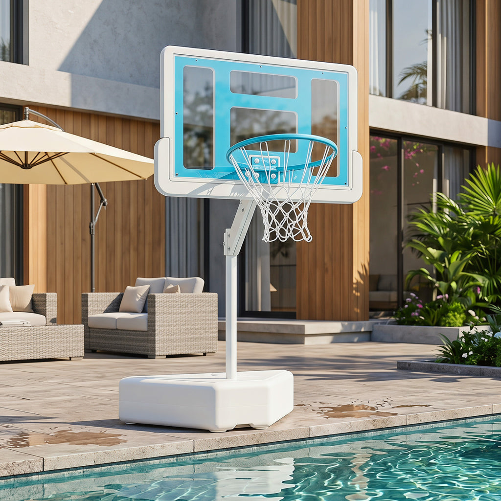 Adjustable Pool Basketball Hoop with 2 Balls & Pump - White, 23.5-47" Height