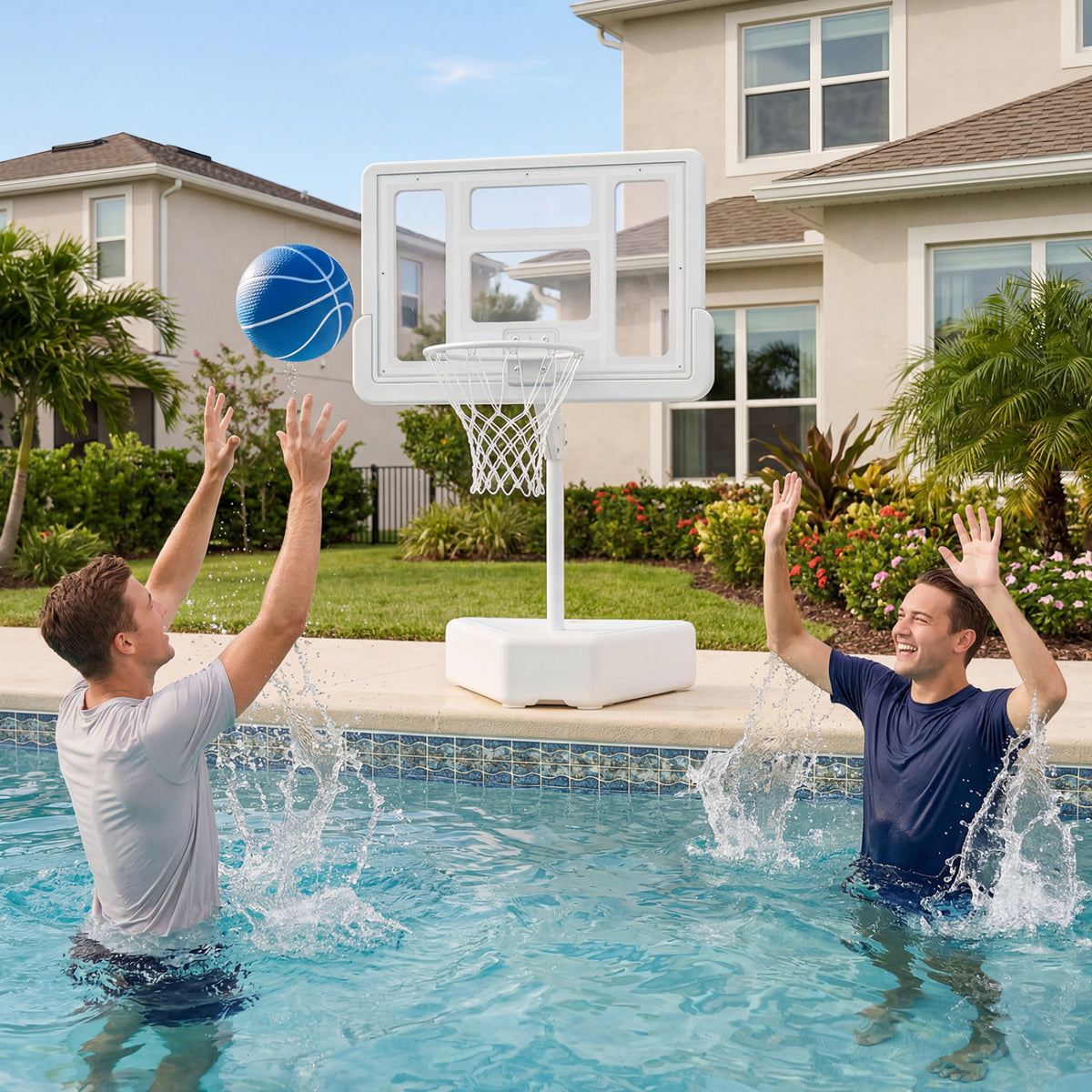 Adjustable Pool Basketball Hoop with 2 Balls & Pump - White, 23.5-47" Height
