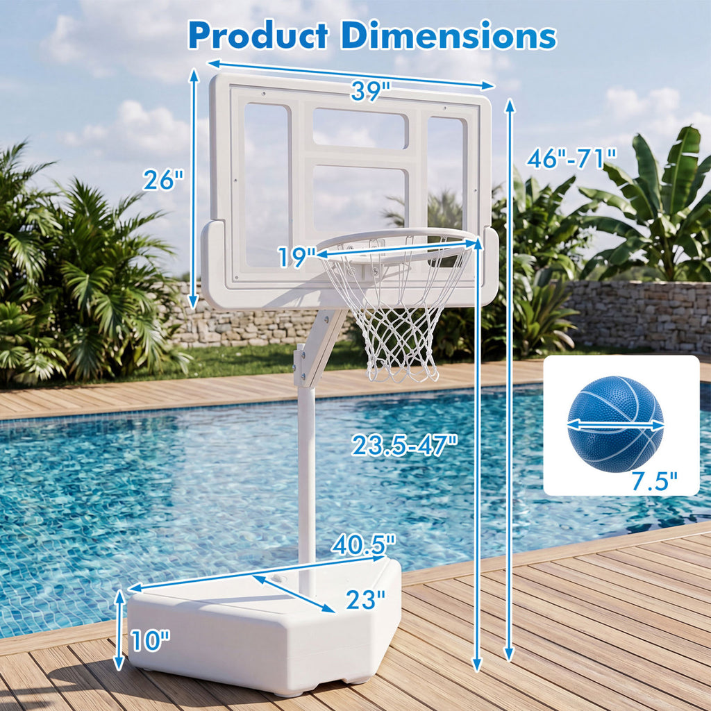 Adjustable Pool Basketball Hoop with 2 Balls & Pump - White, 23.5-47" Height