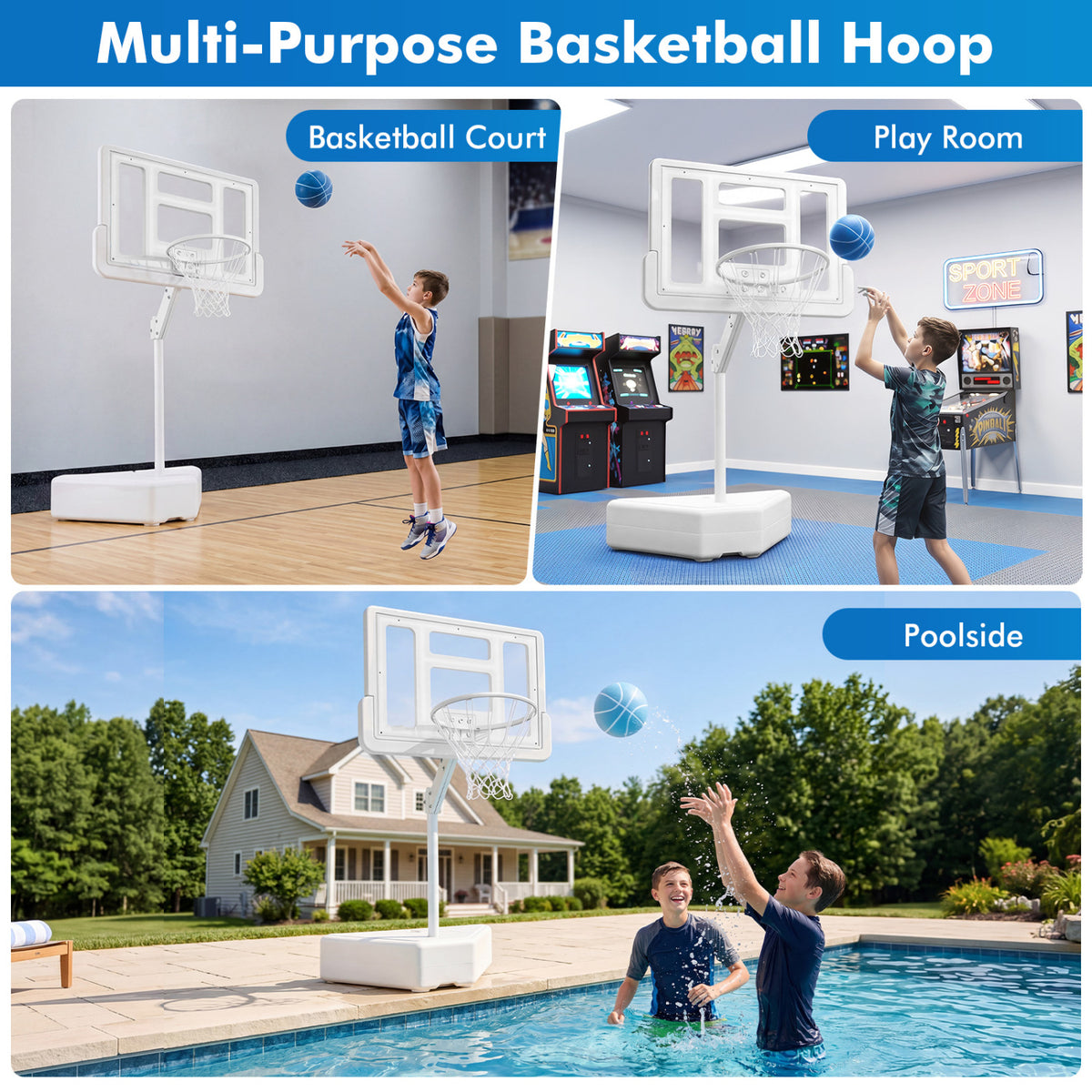 Adjustable Pool Basketball Hoop with 2 Balls & Pump - White, 23.5-47" Height