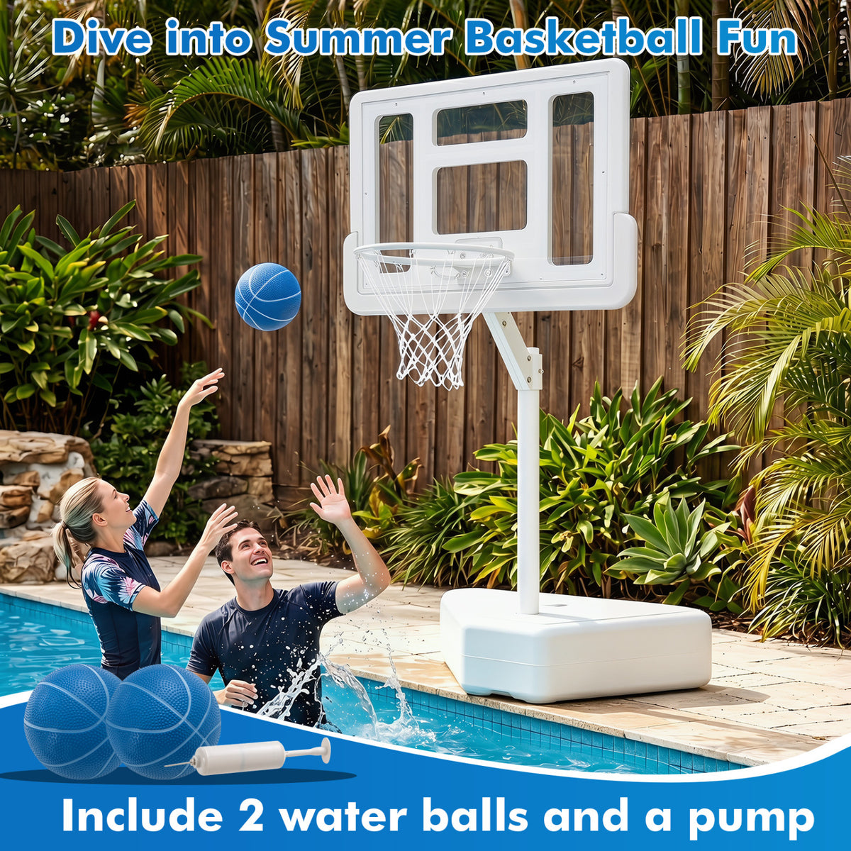 Adjustable Pool Basketball Hoop with 2 Balls & Pump - White, 23.5-47" Height