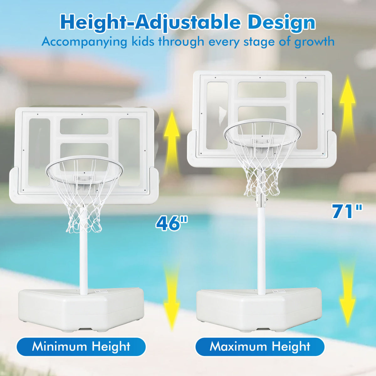 Adjustable Pool Basketball Hoop with 2 Balls & Pump - White, 23.5-47" Height