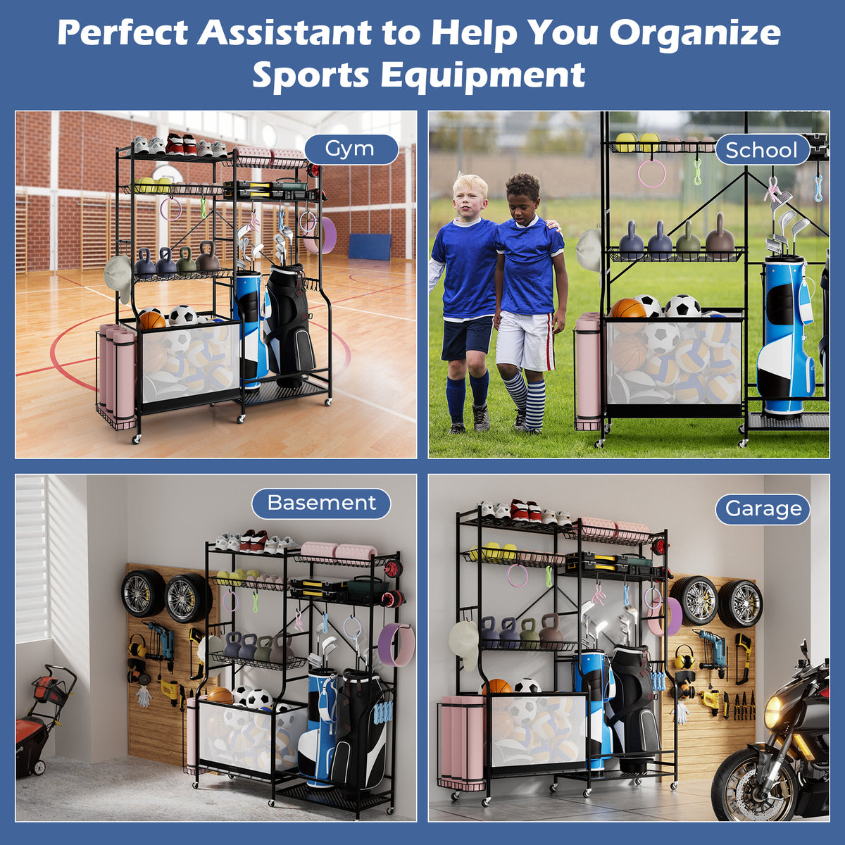 Sports Equipment Organizer with Yoga Mat Holder & 13 Hooks for Garage