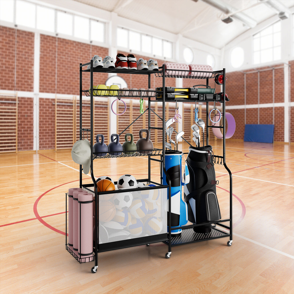 Sports Equipment Organizer with Yoga Mat Holder & 13 Hooks for Garage