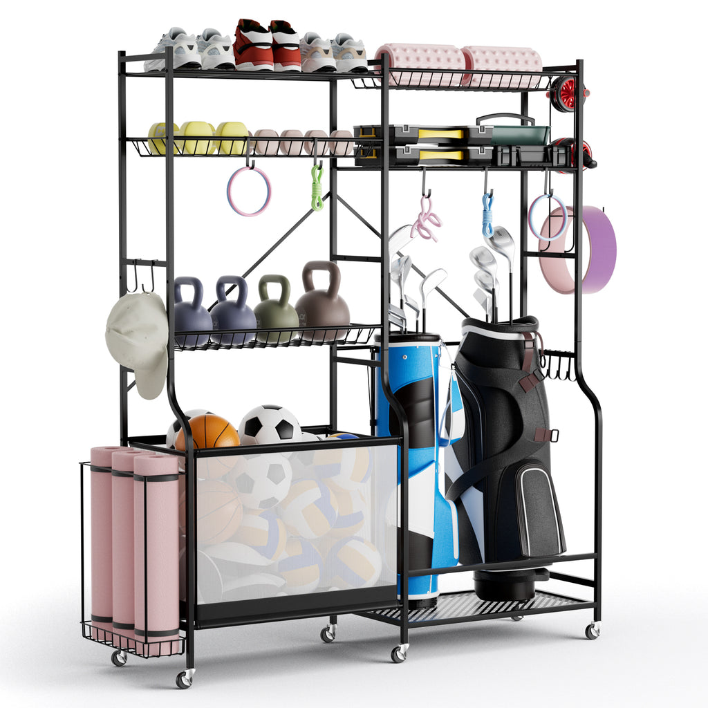 Sports Equipment Organizer with Yoga Mat Holder & 13 Hooks for Garage