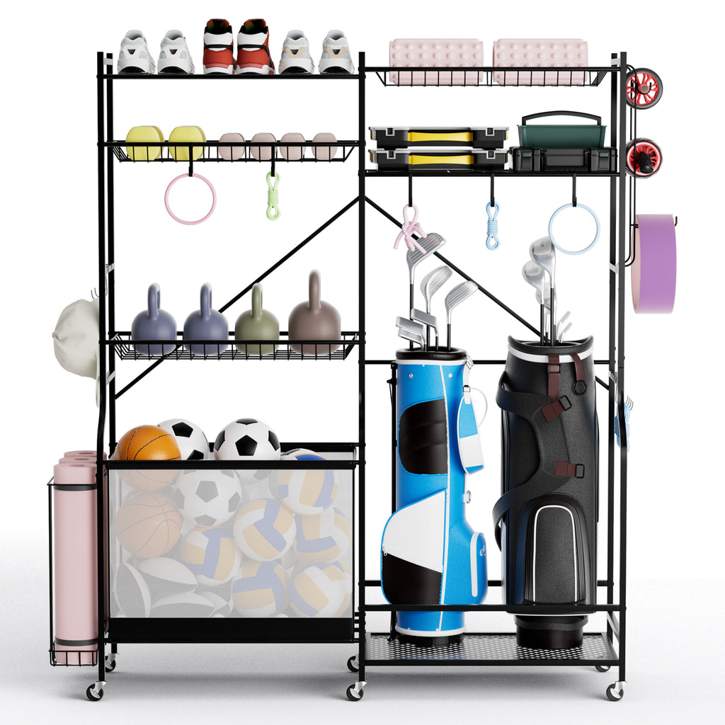 Sports Equipment Organizer with Yoga Mat Holder & 13 Hooks for Garage