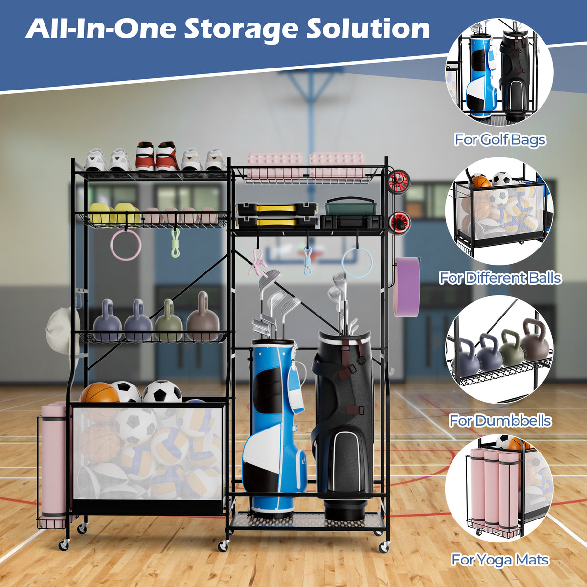 Sports Equipment Organizer with Yoga Mat Holder & 13 Hooks for Garage