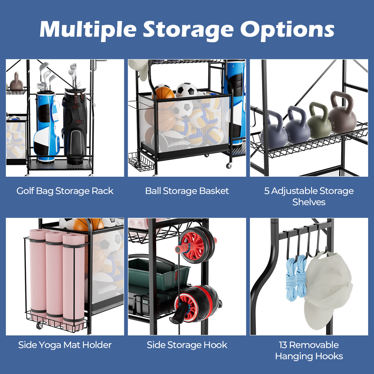 Sports Equipment Organizer with Yoga Mat Holder & 13 Hooks for Garage