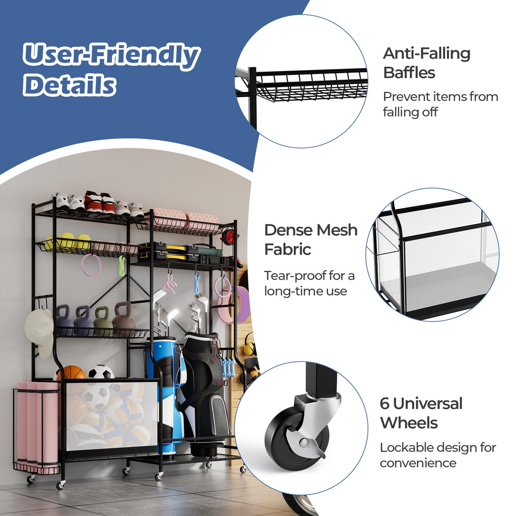 Sports Equipment Organizer with Yoga Mat Holder & 13 Hooks for Garage