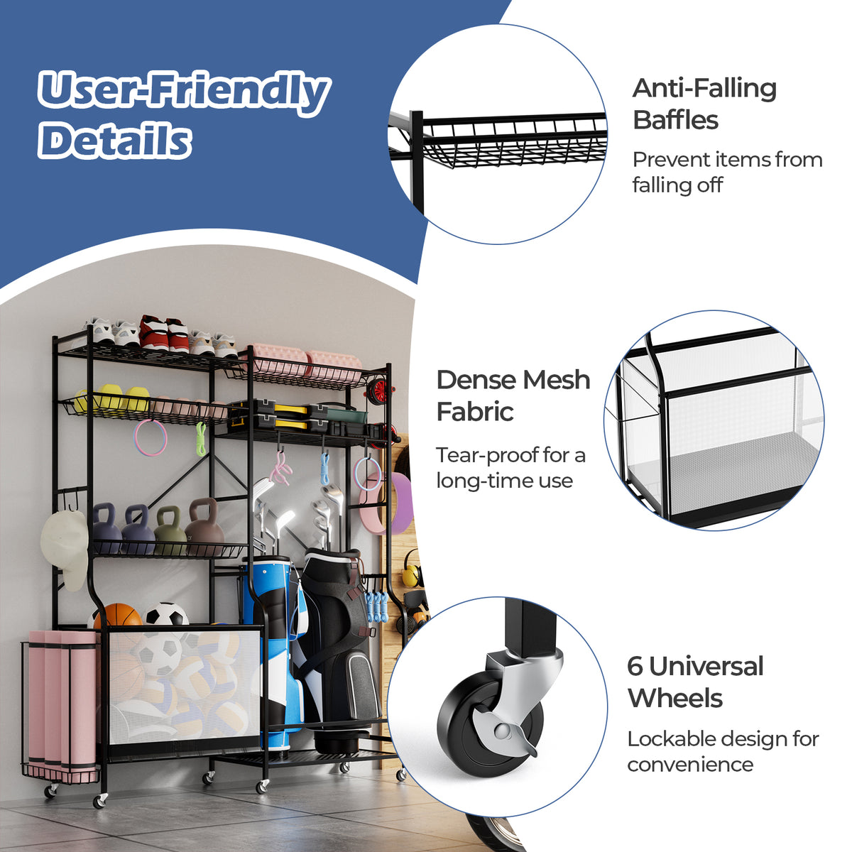 Sports Equipment Organizer with Yoga Mat Holder & 13 Hooks for Garage
