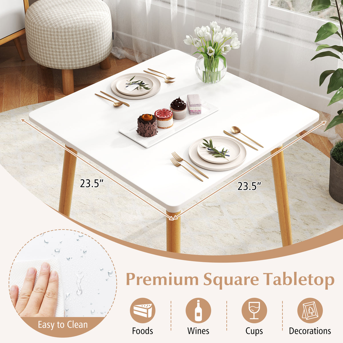 Square Dining Table 23.5" with Adjustable Foot Pads - White