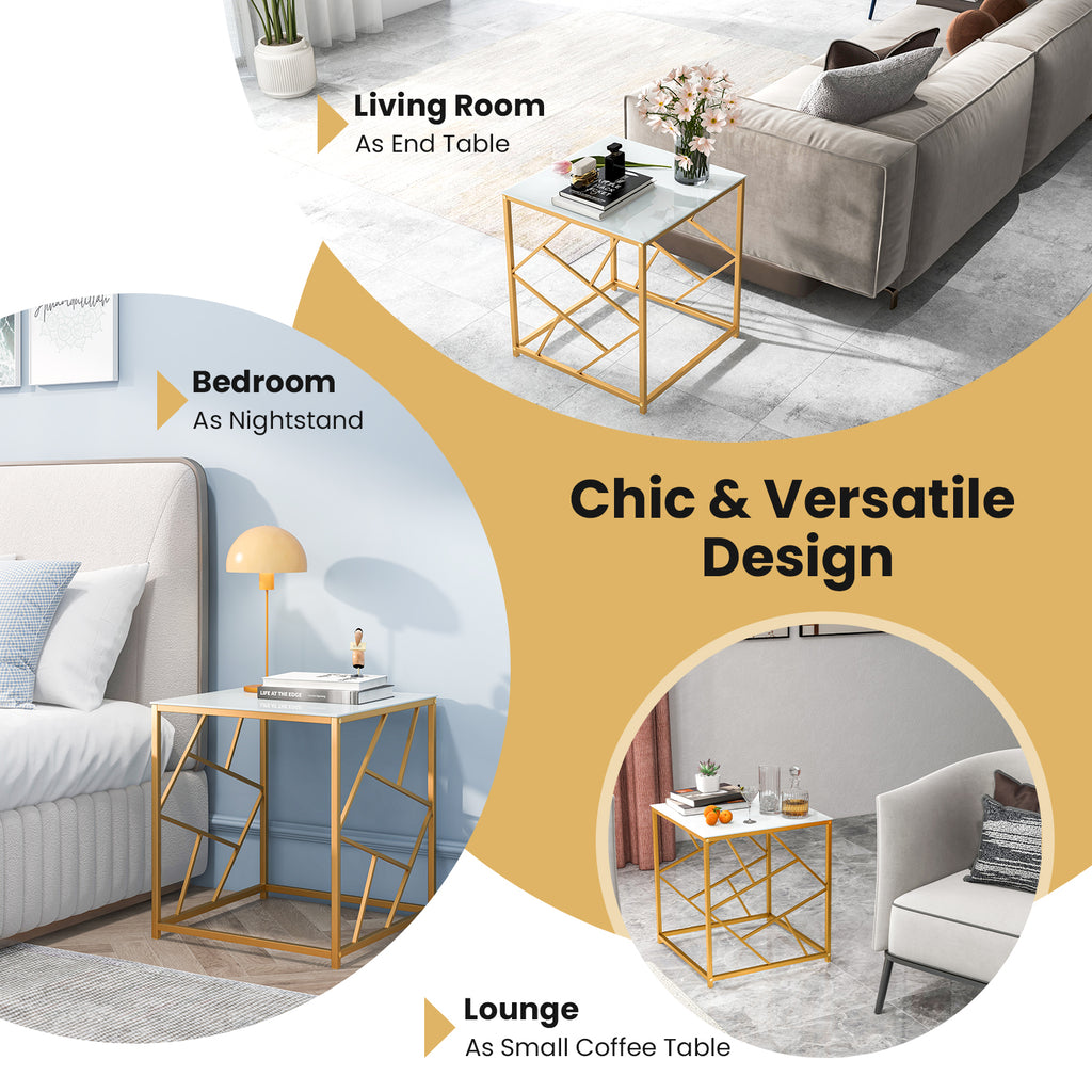 Square End Table with Tempered Glass Top, Golden
