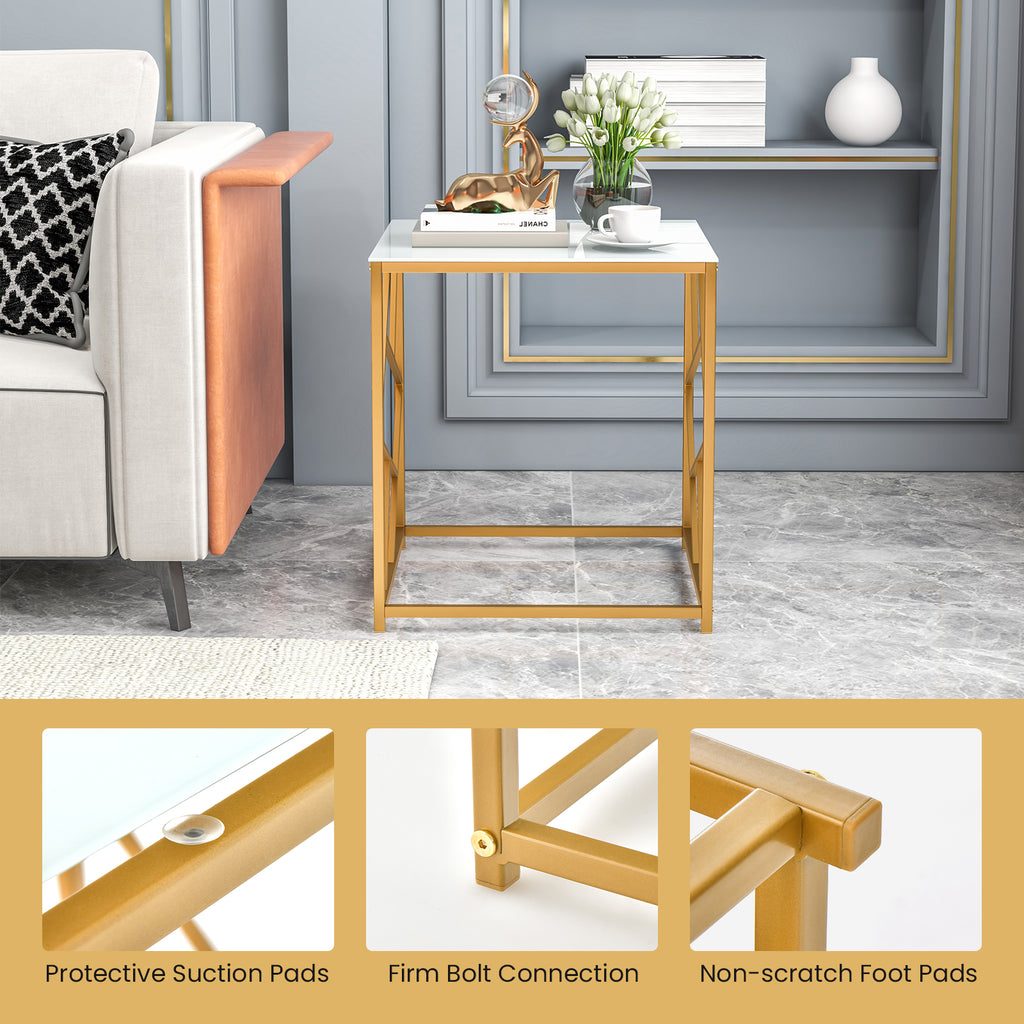 Square End Table with Tempered Glass Top, Golden