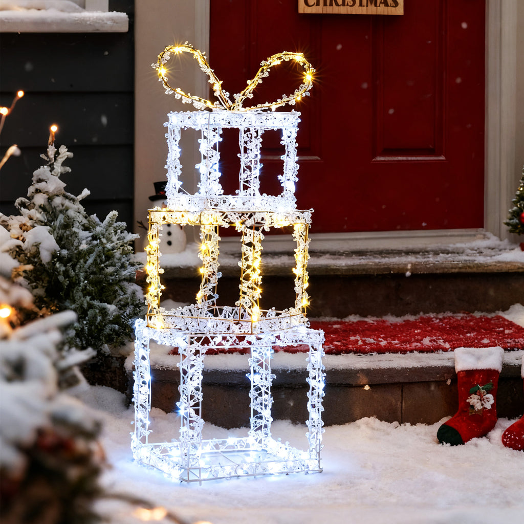 Set of 3 Lighted Gift Boxes - Pre-Lit Christmas Present Box Lights, Outdoor Snowproof Decor