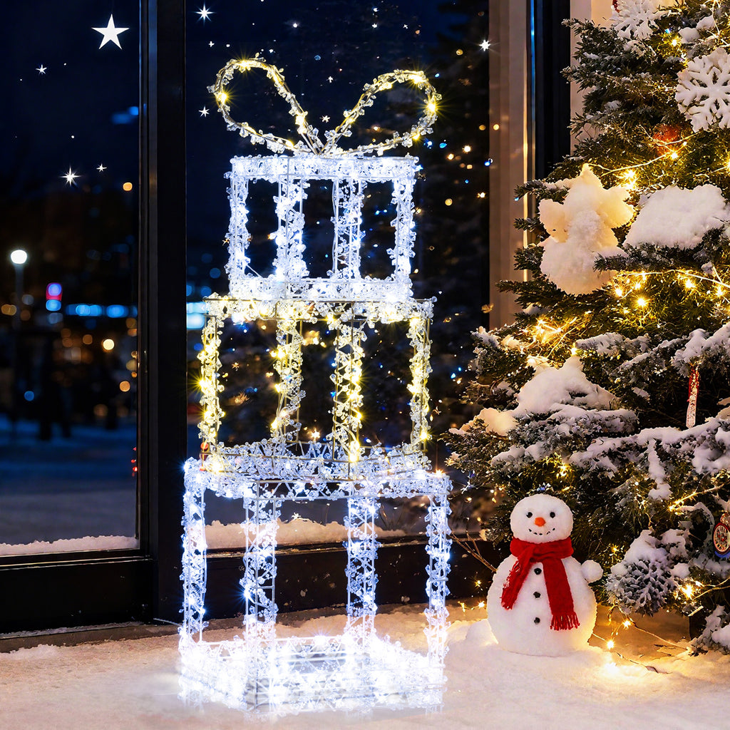 Set of 3 Lighted Gift Boxes - Pre-Lit Christmas Present Box Lights, Outdoor Snowproof Decor