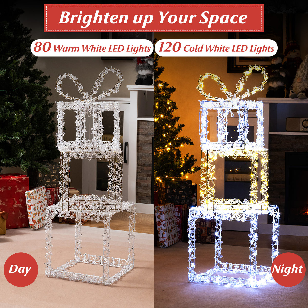 Set of 3 Lighted Gift Boxes - Pre-Lit Christmas Present Box Lights, Outdoor Snowproof Decor