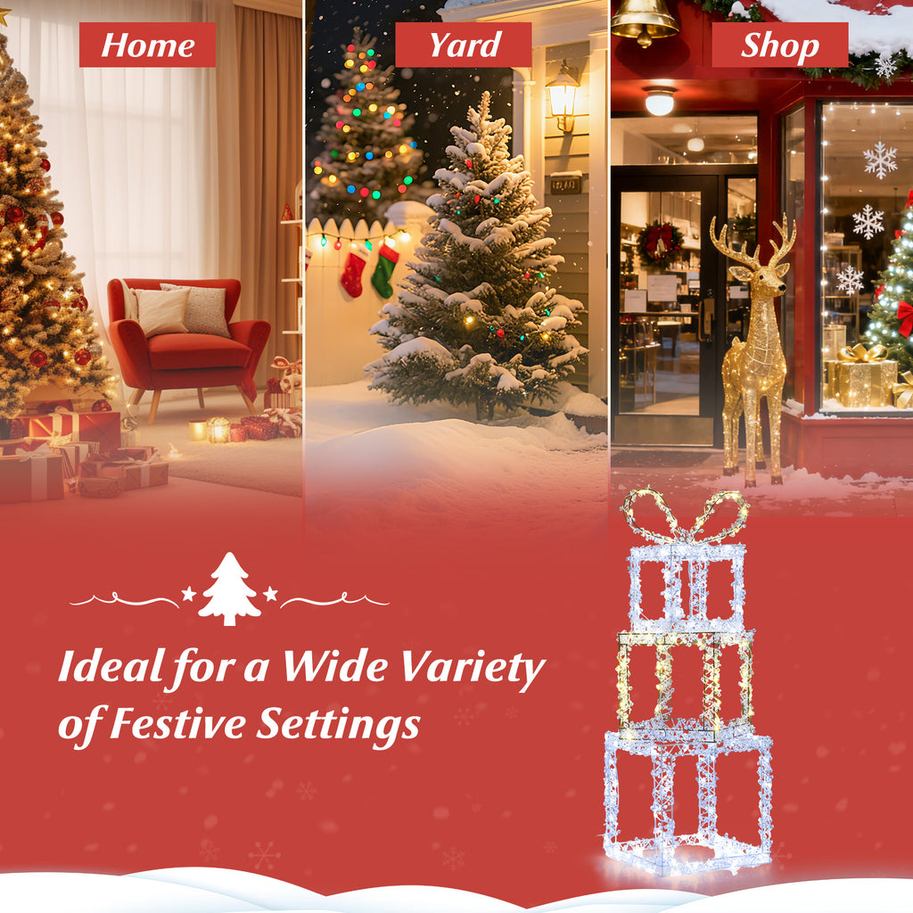 Set of 3 Lighted Gift Boxes - Pre-Lit Christmas Present Box Lights, Outdoor Snowproof Decor