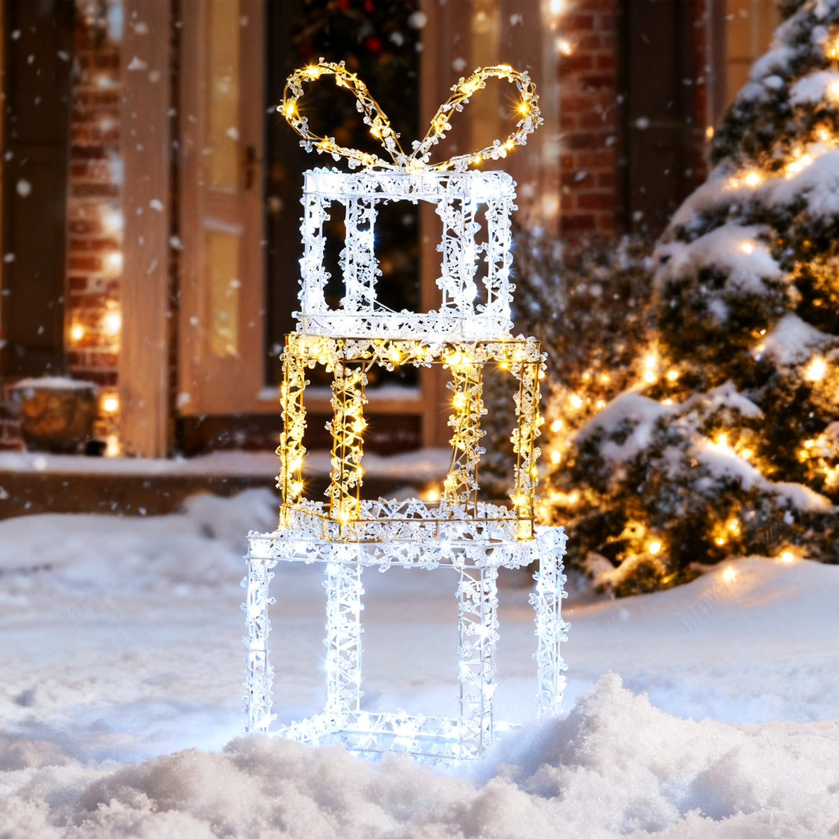 Set of 3 Lighted Gift Boxes - Pre-Lit Christmas Present Box Lights, Outdoor Snowproof Decor